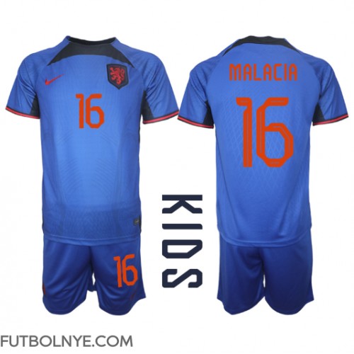 Camiseta Países Bajos Tyrell Malacia #16 Visitante Equipación para niños Mundial 2022 manga corta (+ pantalones cortos)